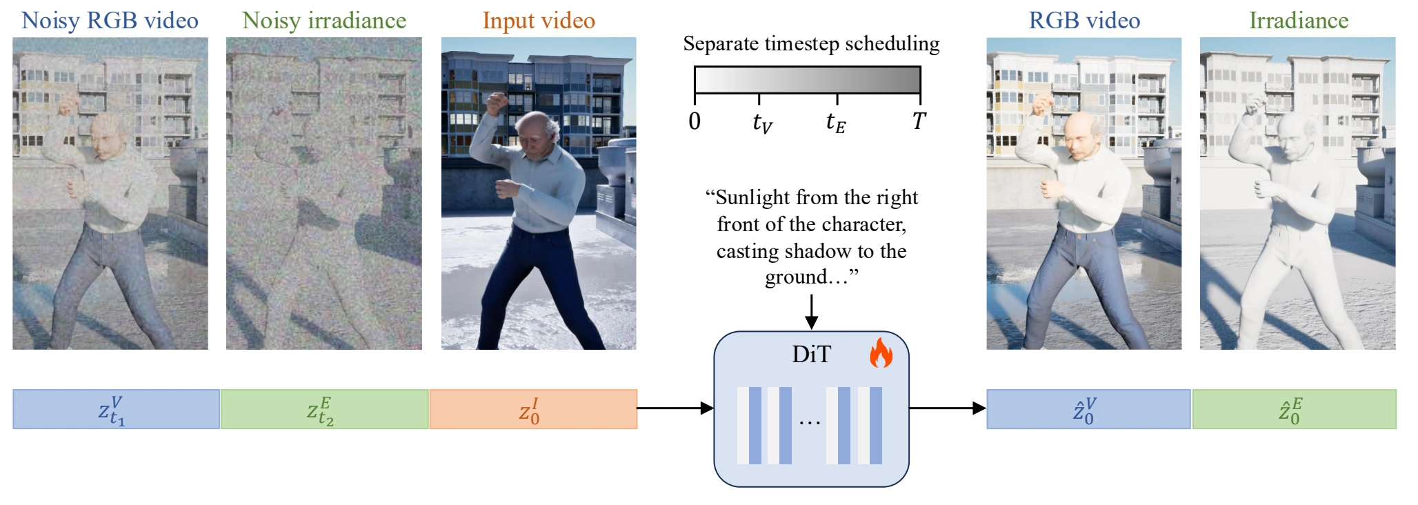 Joint training pipeline with separate noise timesteps for RGB and irradiance.